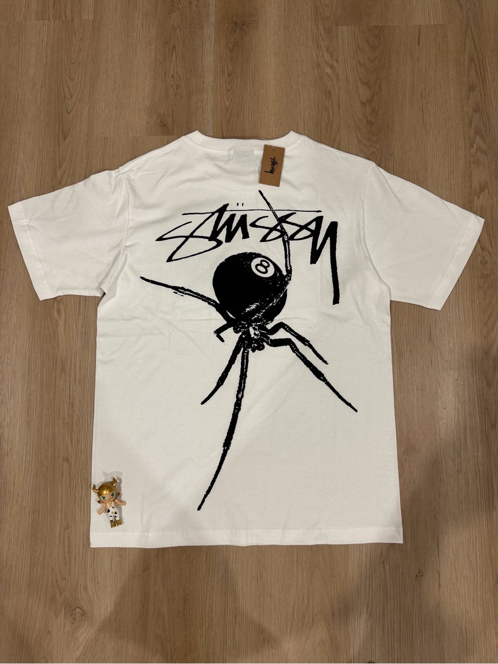 Stussy White Short-Sleeve Tee with Black Spider & 8-Ball Graphic
